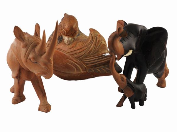Three decorative animals in various types of wood
