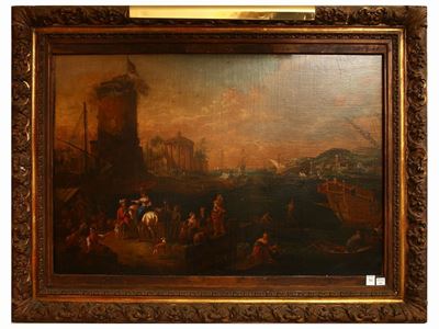 Veduta di Porto con Torre Antica e Personaggi