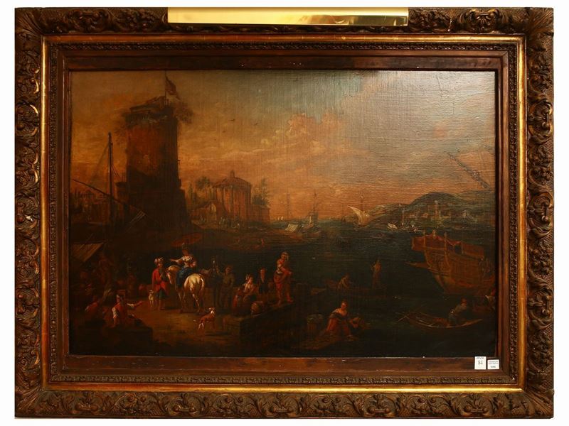 Scuola Lombarda - Veduta di Porto con Torre Antica e Personaggi