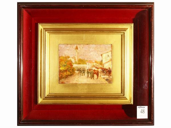 Glimpse of the village with soldiers and horse  (first half of the 20th century)  - Auction Furniture and Paintings from the Piero Quaglia Foundation - Maison Bibelot - Casa d'Aste Firenze - Milano