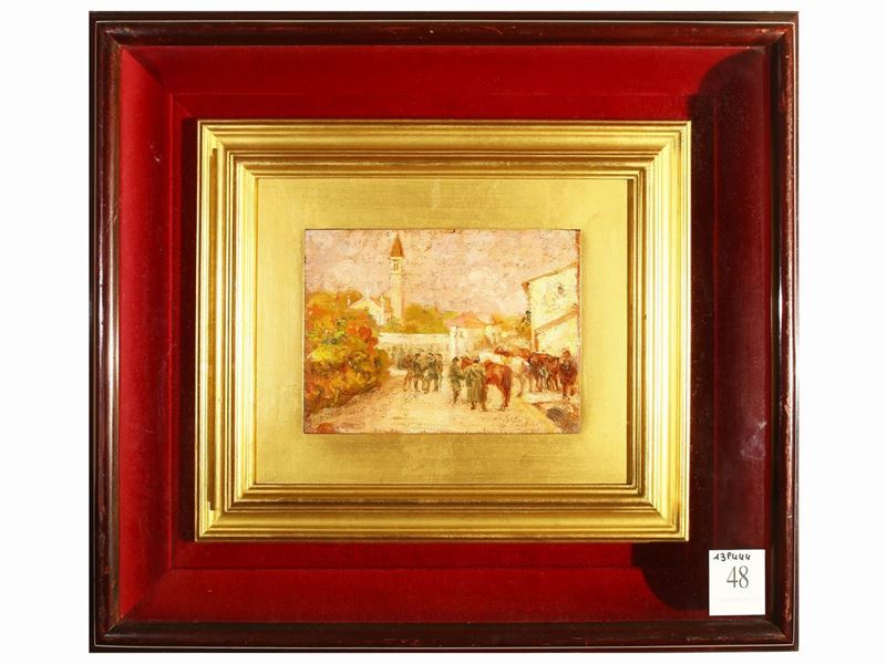 Scorcio di Paese con Soldati e Cavallo
