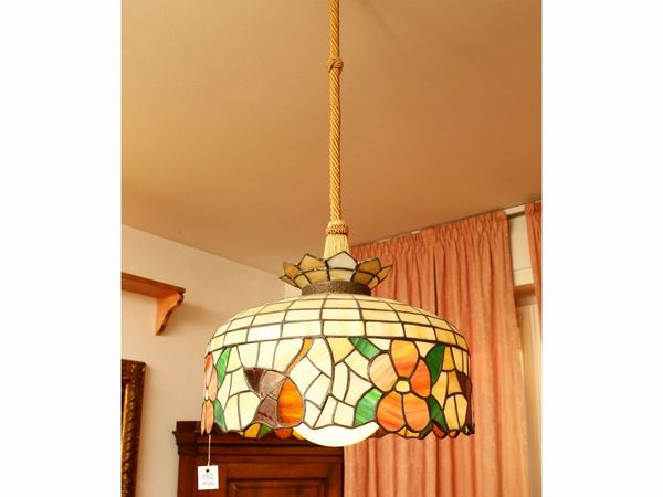 Chandelier with lead-bound glass paste tiles