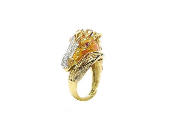 Frascarolo & C animalier yellow gold ring with diamonds, rubies and multicolored enamels