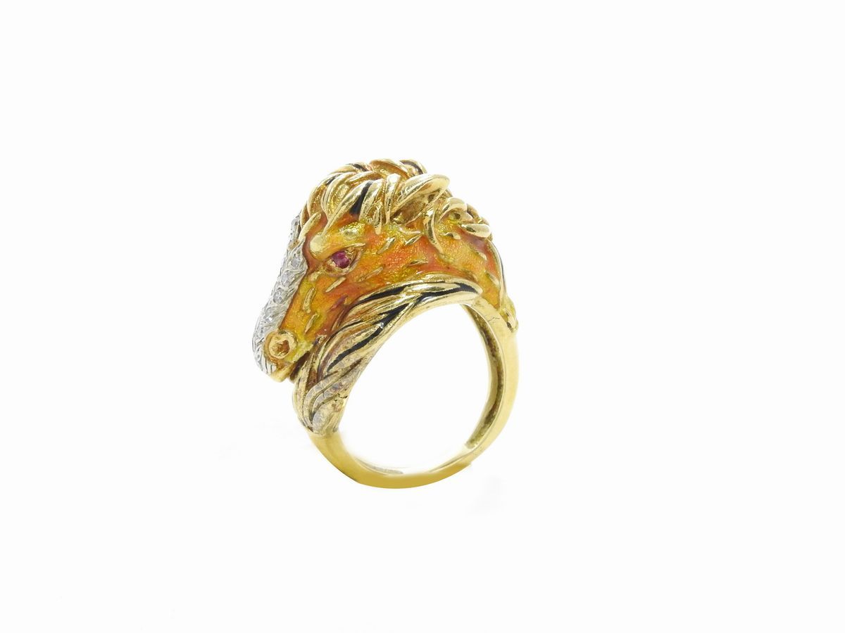 Anello Frascarolo & C Animalier in Oro Giallo con Diamanti, Rubini e Smalti Policromi