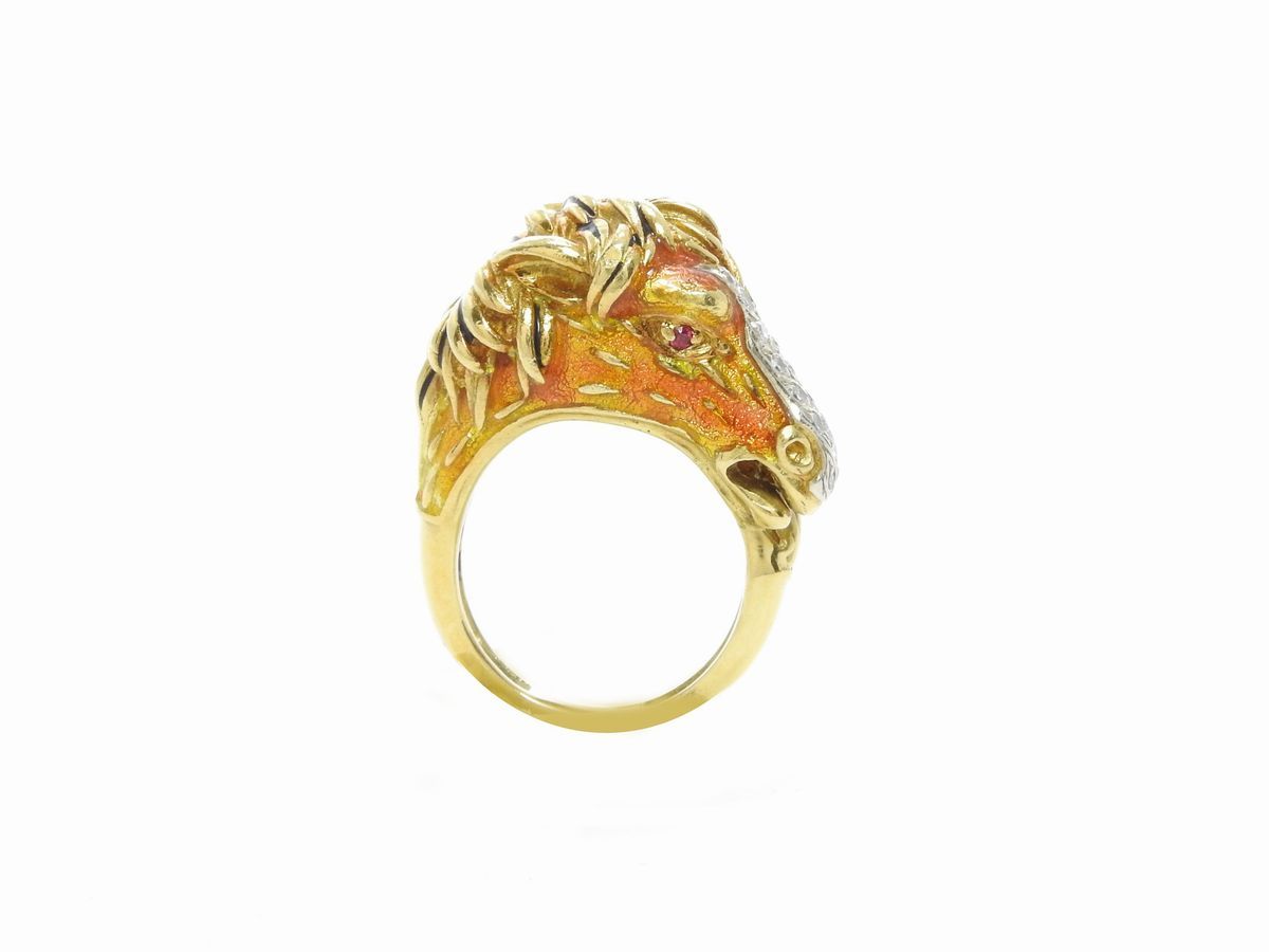 Anello Frascarolo & C Animalier in Oro Giallo con Diamanti, Rubini e Smalti Policromi