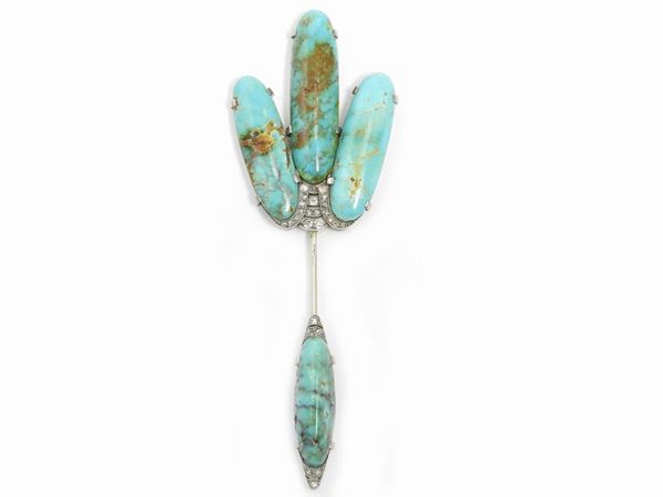 White gold jabot pin with diamonds and turquoise