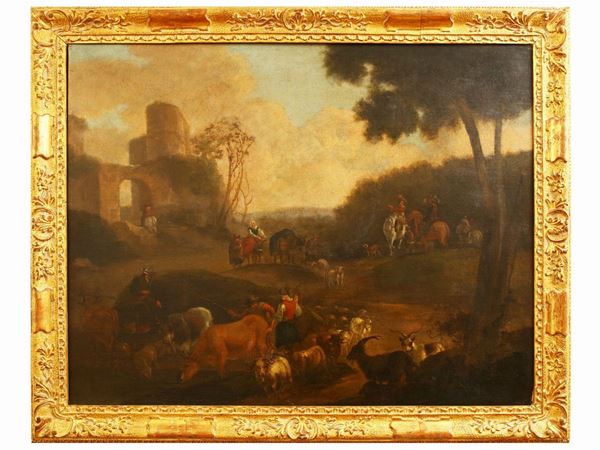 Scuola fiamminga del XVII/XVIII secolo - Paesaggio con contadini e armenti
