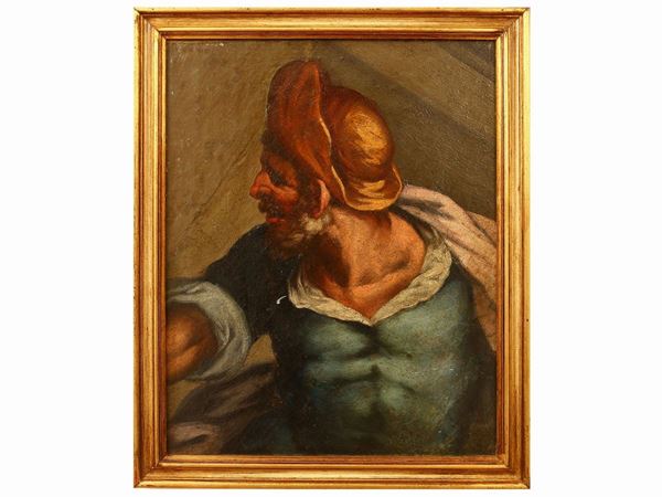 Scuola toscana : Male figure with beard and yellow cap  (XVIII century)  - Auction Furniture and Paintings from the Piero Quaglia Foundation - Maison Bibelot - Casa d'Aste Firenze - Milano