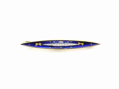Spilla in Oro Bianco e Giallo con Diamanti e Smalto Blu