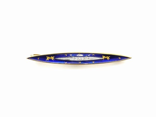 White and yellow gold brooch with diamonds and blue enamel  - Auction Antique jewelry and watches - Maison Bibelot - Casa d'Aste Firenze - Milano