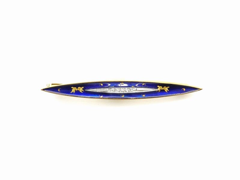 Spilla in Oro Bianco e Giallo con Diamanti e Smalto Blu