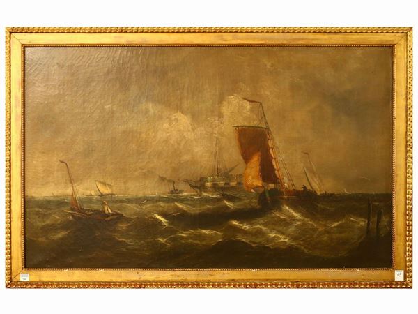 Scuola inglese del XIX secolo - Marina in tempesta con velieri