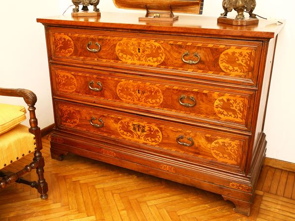 Walnut briar and other essences veneered chest of drawers