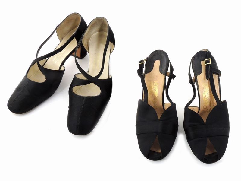 Due Paia di Scarpe in Seta Nera, Ferragamo e Mantellassi