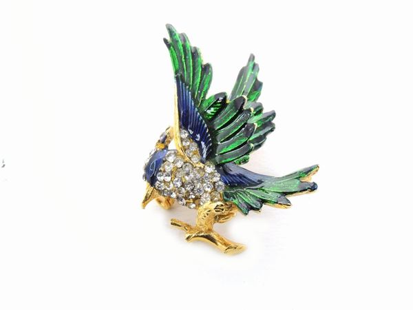 Spilla animalier in metallo dorato, strass e smalti, Cascio