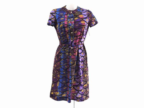 Floral patterned jersey dress in shades of purple and blue, Ken Scott