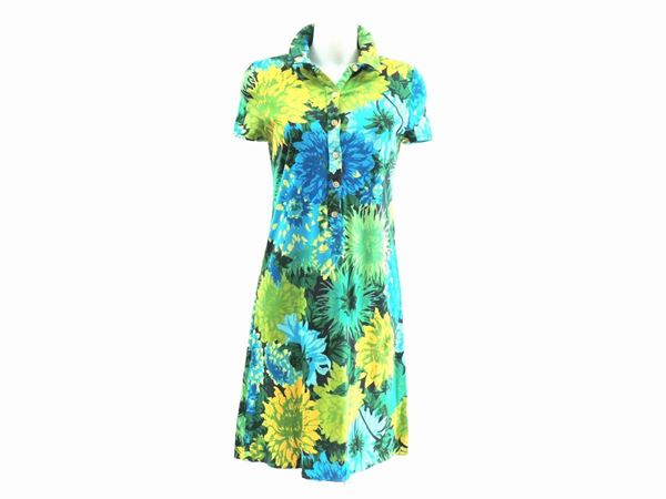 Floral patterned jersey dress in shades of green and fuchsia, Ken Scott