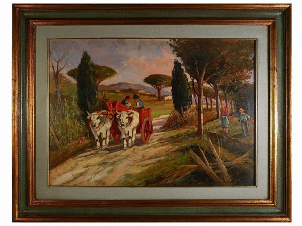 Renzo Martini - Street view with characters and oxen