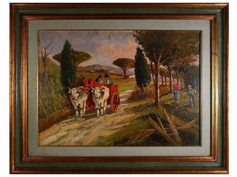 Renzo Martini - Scorcio di Strada con Personaggi e Buoi