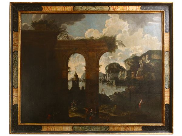 Scuola napoletana del XVII/XVIII secolo - Architectural capriccio with characters