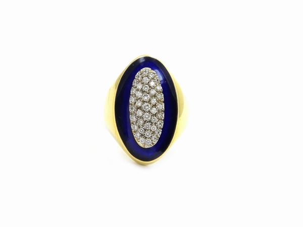 White and yellow gold band ring with diamonds and blue enamel