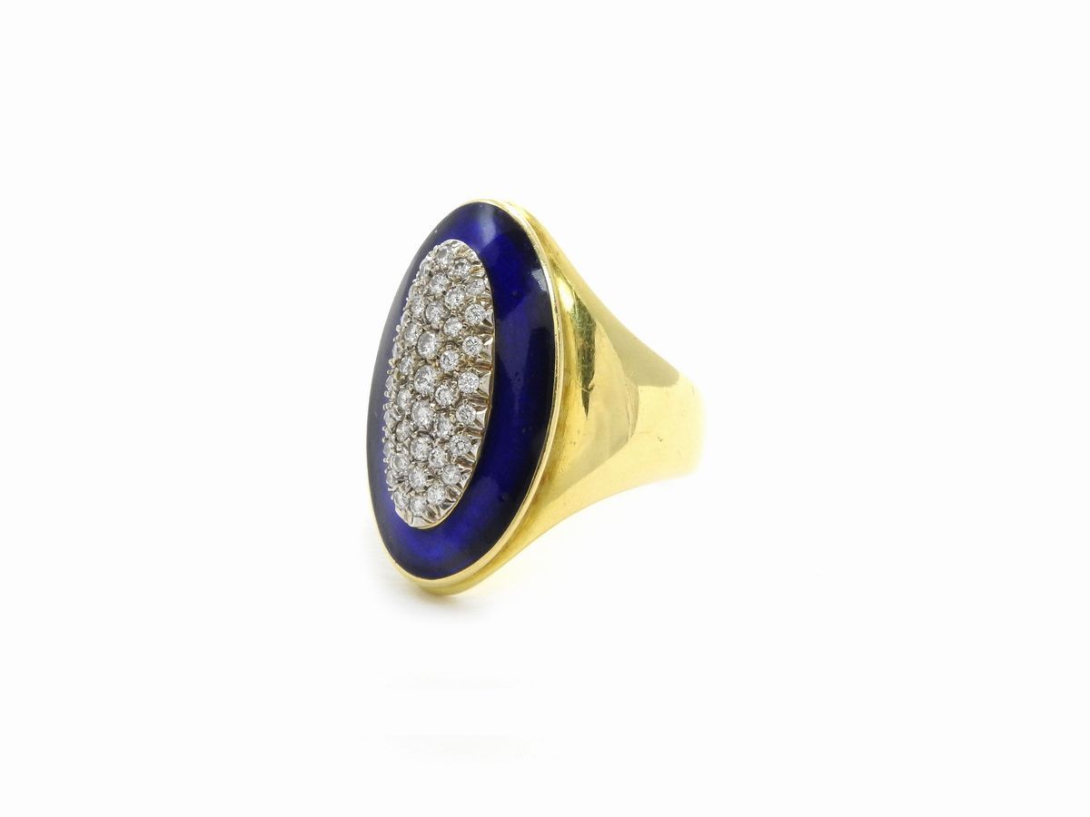 Anello a Fascia in Oro Bianco e Giallo con Diamanti e Smalto Blu