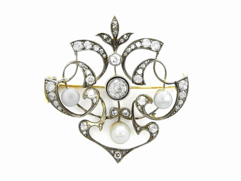 Spilla in Oro Giallo e Argento con Diamanti e Perle