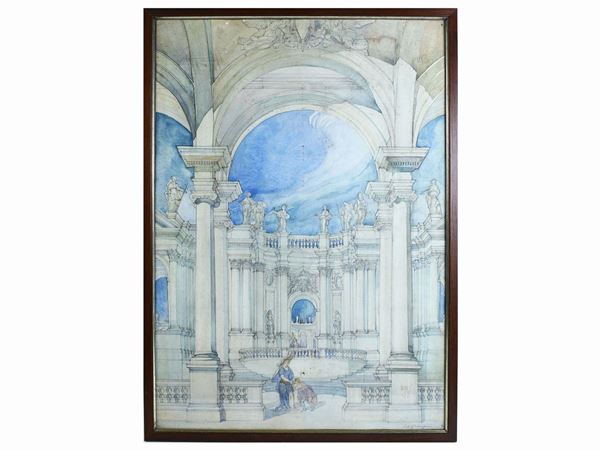 Ezio Giovannozzi : Architectural foreshortening with figures  ((1882-1964))  - Auction Furniture, silvers, paintings and antique curiosities partly from Villa Mannelli - Maison Bibelot - Casa d'Aste Firenze - Milano