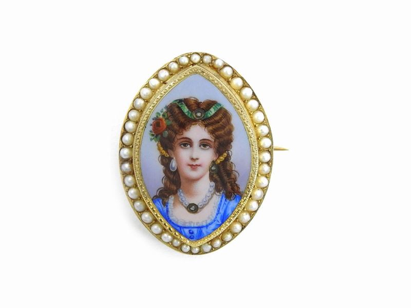 Spilla in Oro Giallo con Diamanti, Microperle e Miniatura