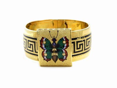 Bracciale Rigido Portaritratto in Oro Giallo con Microperle e Smalti Policromi