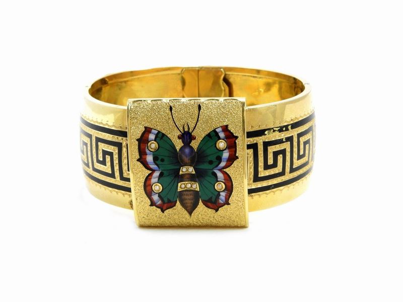 Bracciale Rigido Portaritratto in Oro Giallo con Microperle e Smalti Policromi