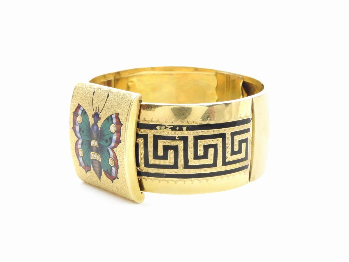 Bracciale Rigido Portaritratto in Oro Giallo con Microperle e Smalti Policromi