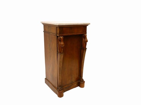Center column bedside table veneered in walnut and mahogany feathers