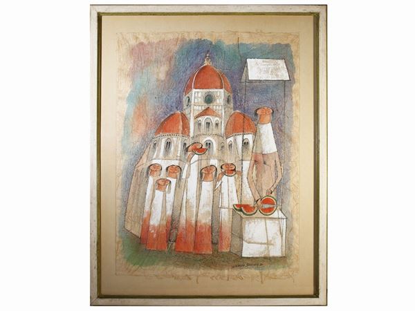 Adorno Bonciani : View of the Duomo of Florence with characters  - Auction Modern and Contemporary Art - Maison Bibelot - Casa d'Aste Firenze - Milano