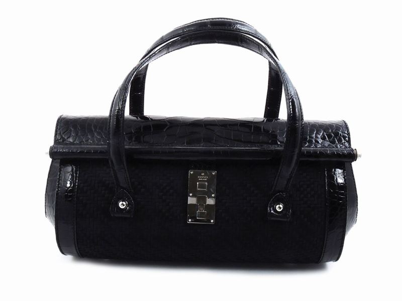 Borsa a Mano in Raso e Pelle Nera, Gucci