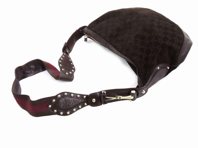 Borsa a Tracolla in Camoscio e Pelle Marrone, Gucci