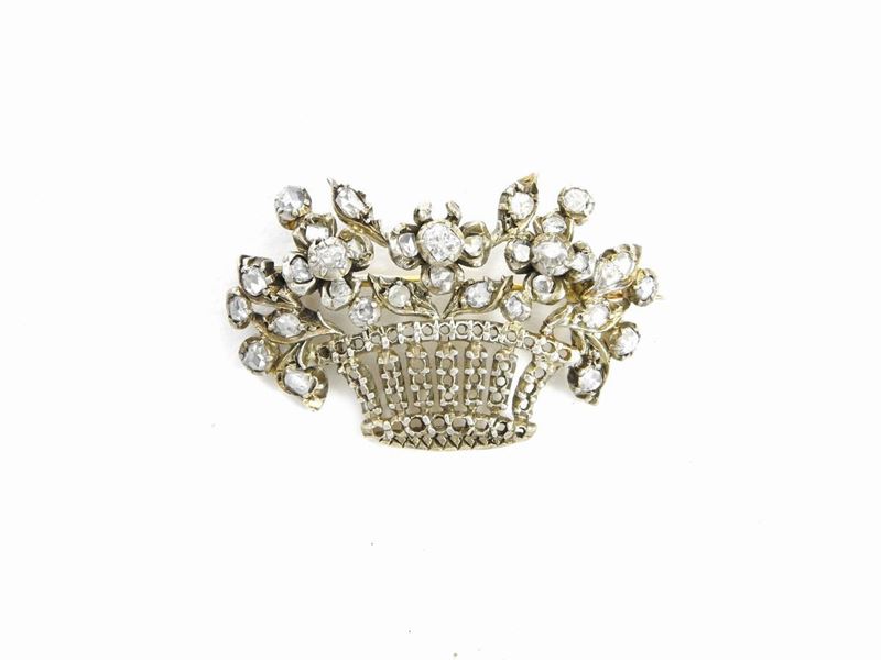 Spilla in Oro Giallo e Argento con Diamante