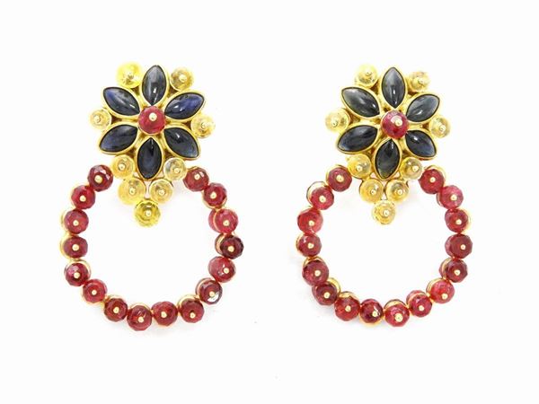Yellow gold Zancan pendant earrings with rubies, sapphires and yellow corundum