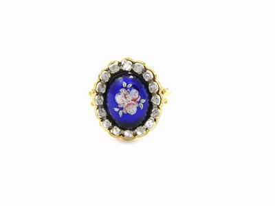 Anello in Oro Giallo con Diamanti e Smalti Policromi