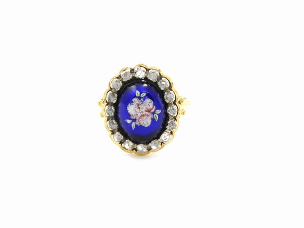Yellow gold ring with diamonds and multicolored enamels