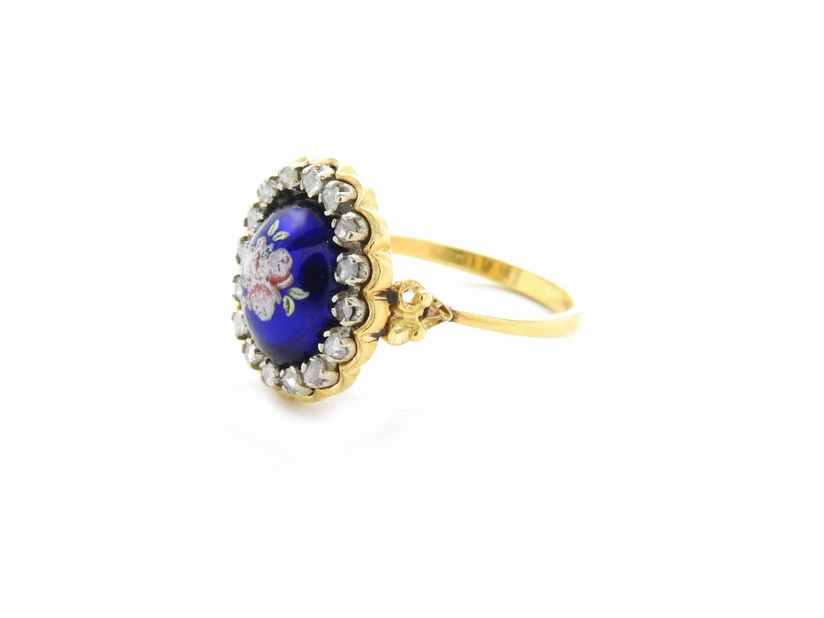 Anello in Oro Giallo con Diamanti e Smalti Policromi
