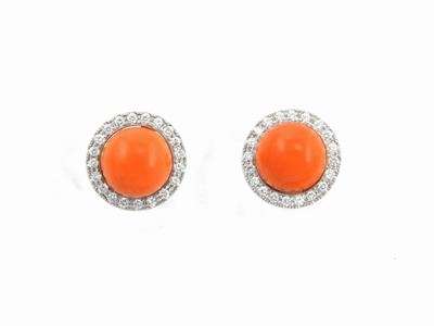 Orecchini in Oro Bianco con Diamanti e Corallo Rosso Arancio