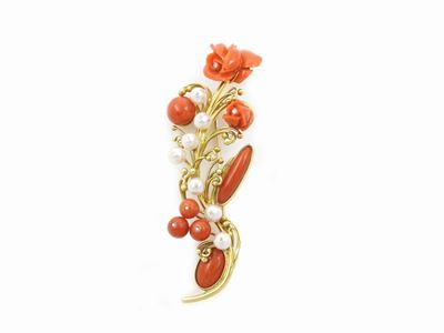 Spilla in Oro Giallo con Diamanti , Perle Coltivate e Coralli Rosso Arancio