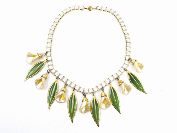 Calla necklace in golden metal, lucite and enamel, Coro