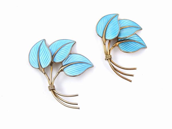 Coppia di spille in argento e smalto guilloche, Hans Myhre