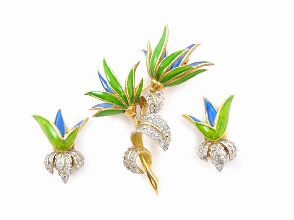 Demi parure in metallo dorato, strass e smalti, Jomaz