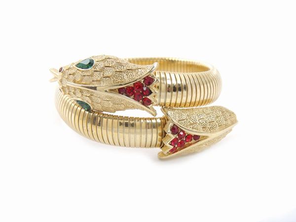 Bracciale animalier in metallo dorato e strass, Trifari
