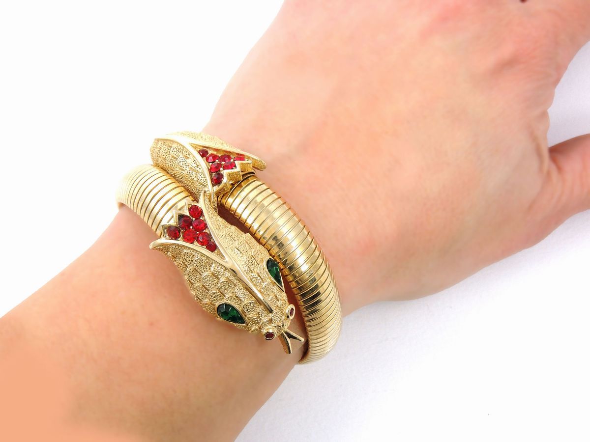 Bracciale Animalier in Metallo Dorato e Strass, Trifari