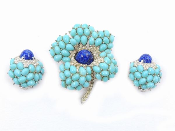 Demi parure in metallo argento, strass e vetro, Boucher