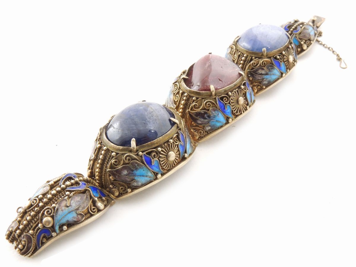 Bracciale in Filigrana D'argento, Smalti, Radice di Rubino e Zaffiro